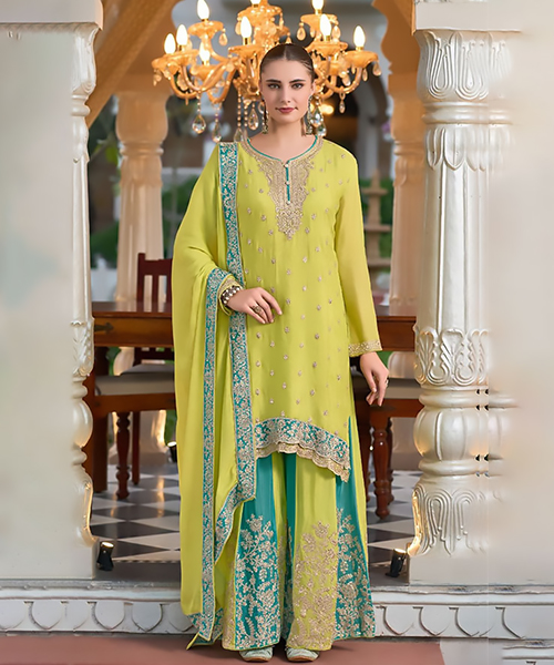 Sky blue & Yellow Silk Partywear Suit